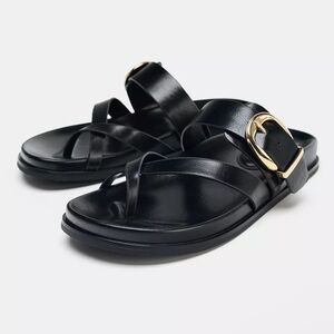 NWT Zara Flat Black Buckle Sandals